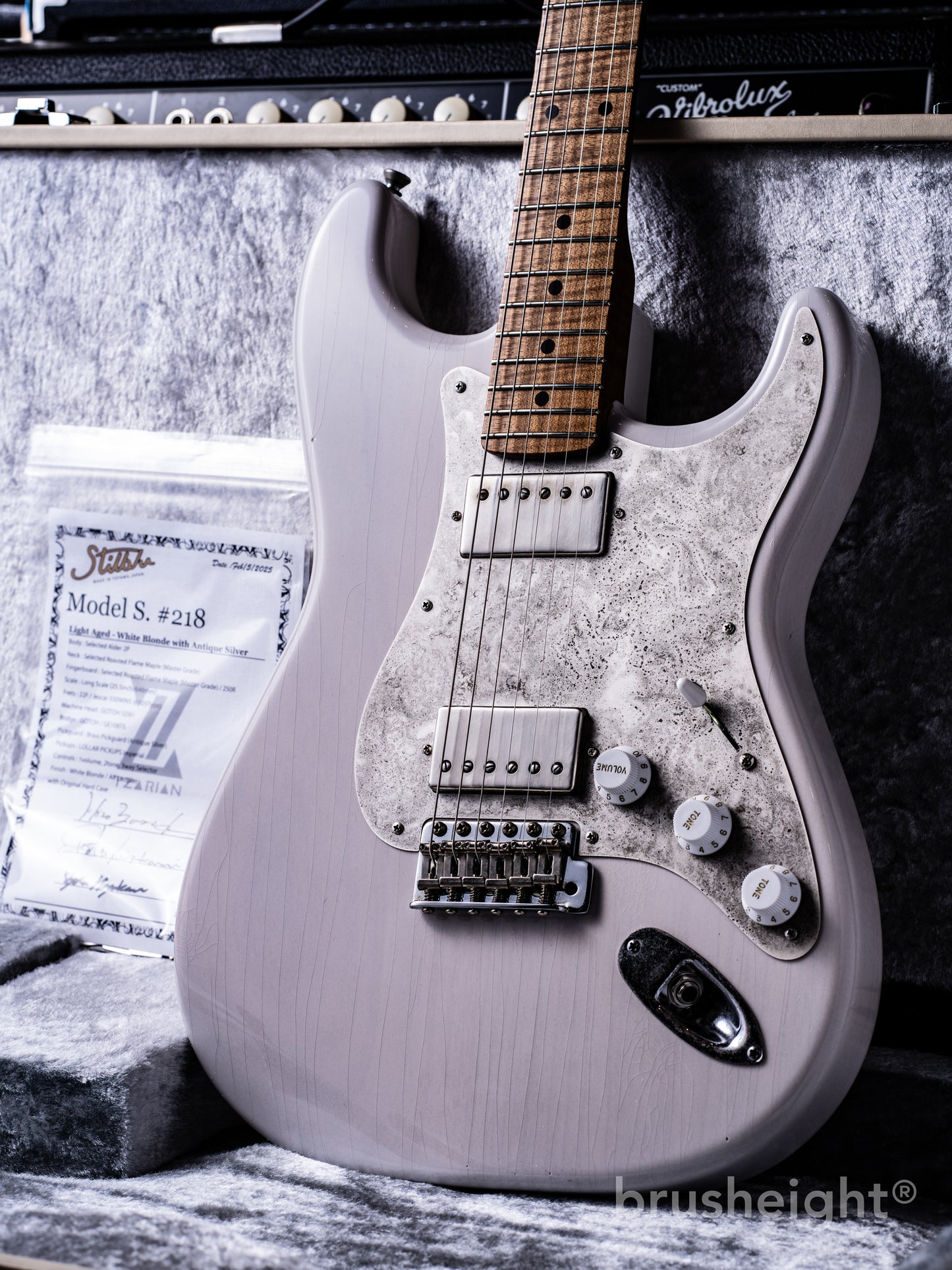 stilblu Model-S #218 HH “Light Aged” White Blonde with Antique Silver Lollar Pickups Imperial Roasted Super Flame Maple Quarter Sawn
