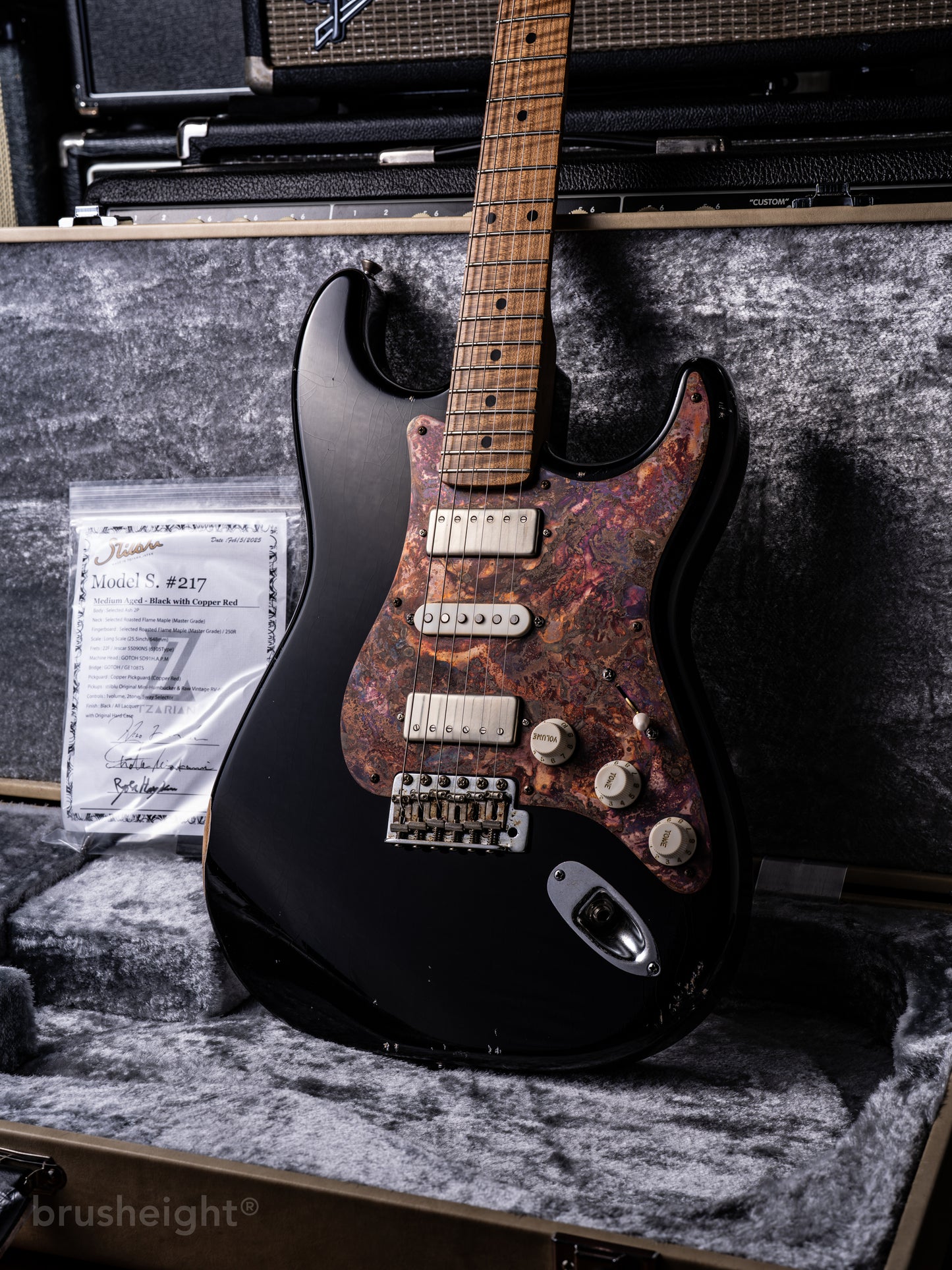 stilblu Model-S #217 MH-S-MH “Midium Aged” Black with Copper Red Roasted Super Flame Maple Quarter Sawn