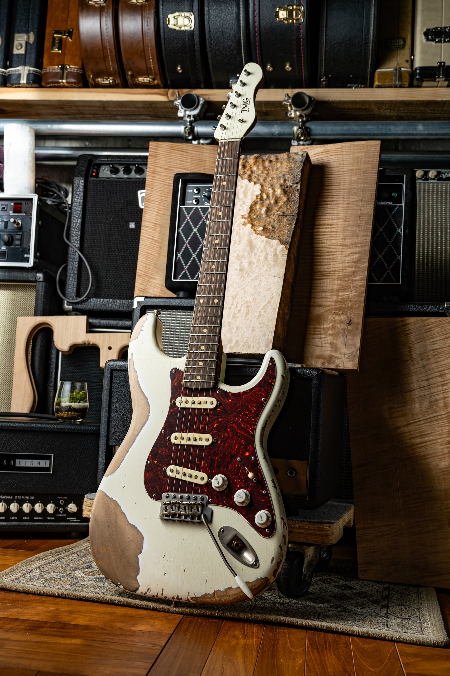 TMG Guitar Co. Dover SSS “Olympic White ”Heavy Aging Roasted 5A Flame Maple & Matching Head