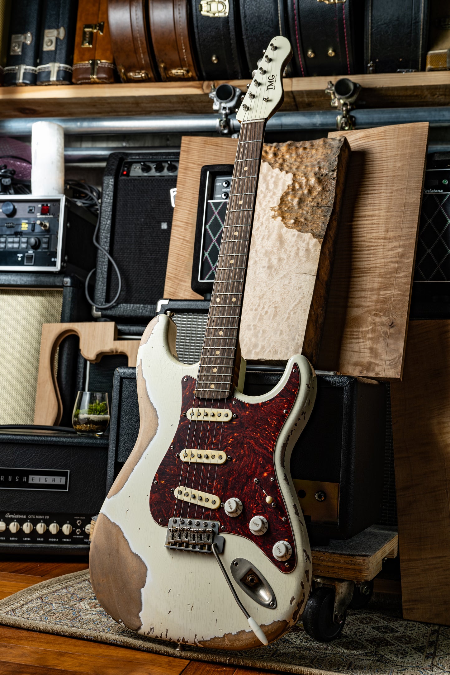 TMG Guitar Co. Dover SSS “Olympic White ”Heavy Aging Roasted 5A Flame Maple & Matching Head
