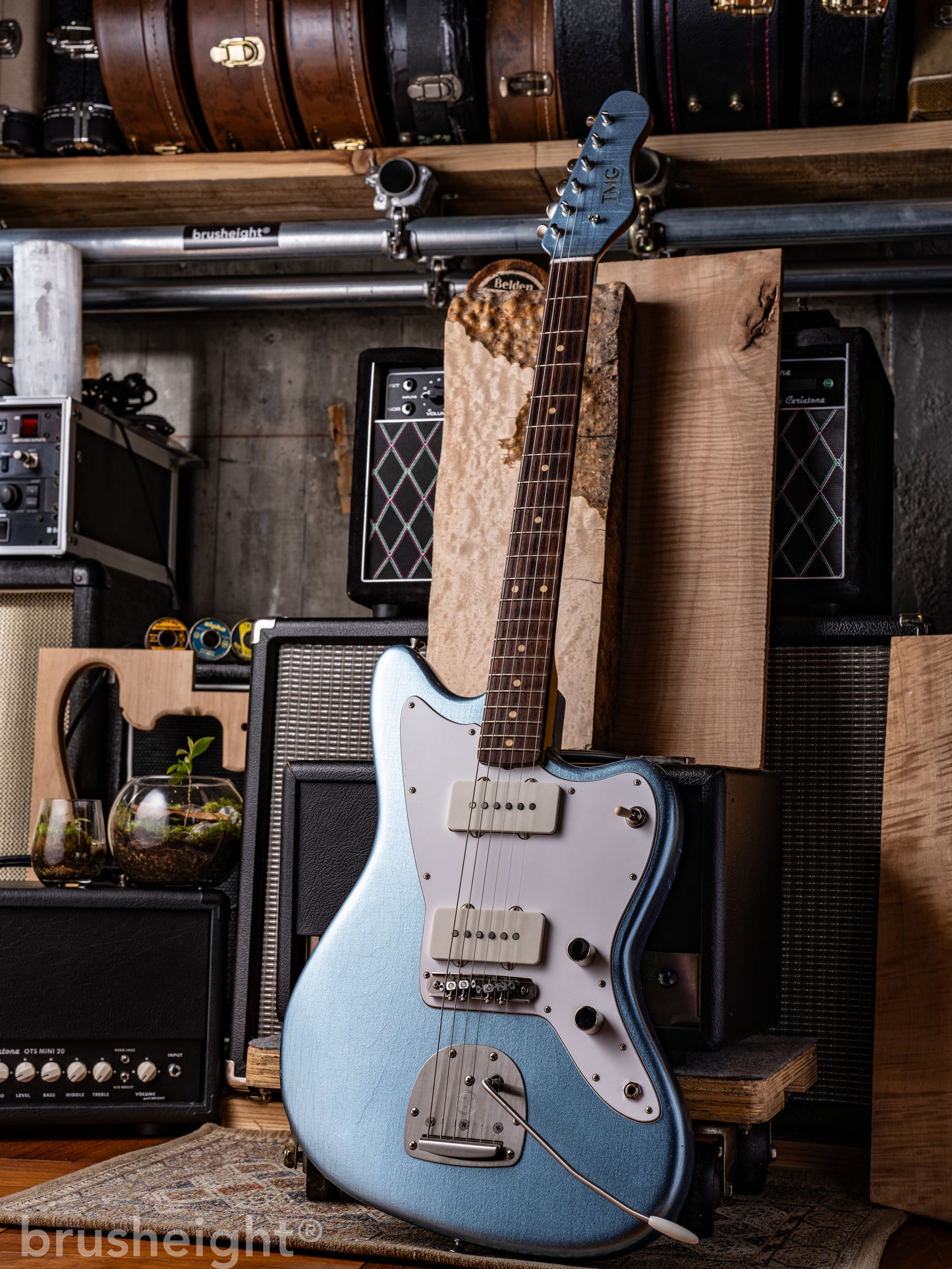 TMG Guitar Co. Ronnie Scott “Iced Blue Metalic” Medium Checking Matching Head with lollar Pickups