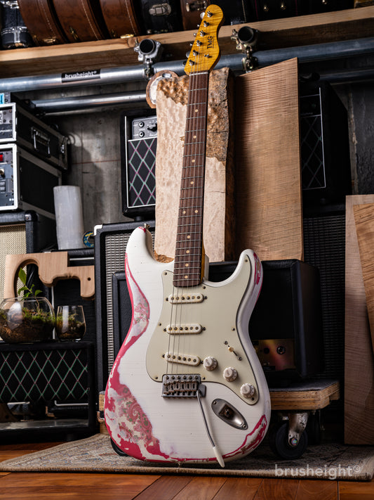TMG Guitar Co. SSS Blonde over Pink Paisley  Midium Aging Checking 5A Flame & Brazilian